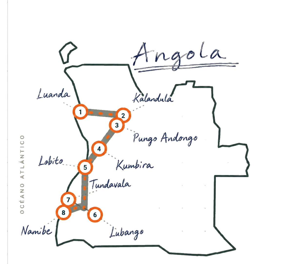 Mapa manuscrito del recorrido por Angola, desde Luanda y Kalandula hasta Lubango y Namibe
