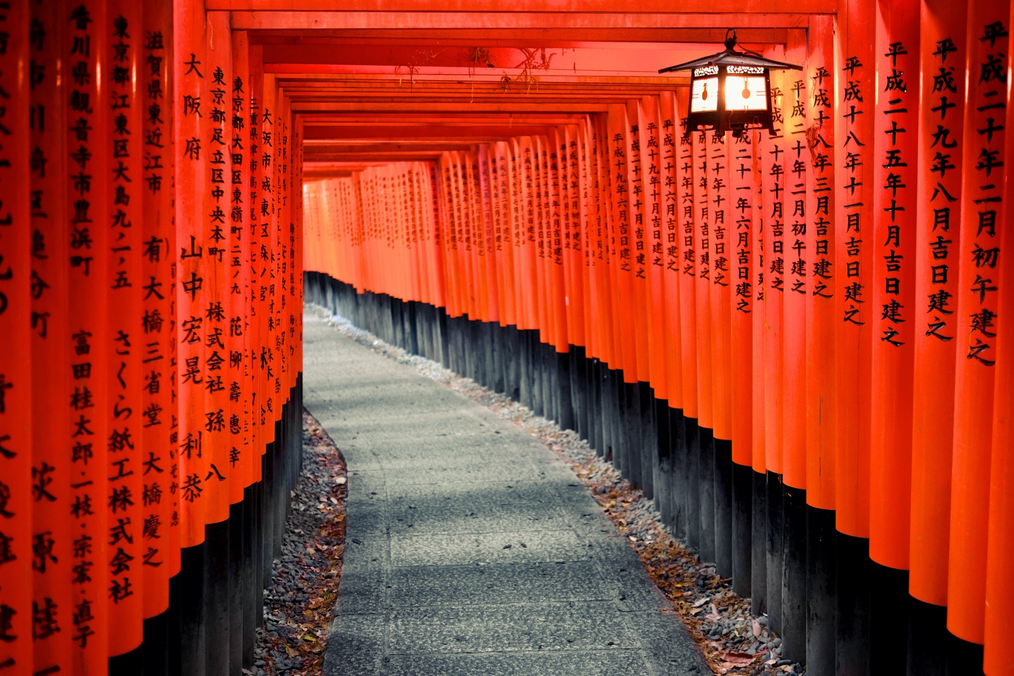 Pórticos torii bermellón del santuario Fushimi Inari en Kioto, Japón