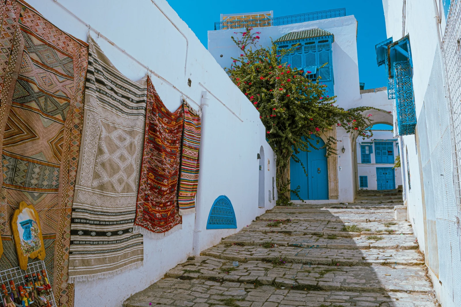 Calle de Sidi Bou Said con fachadas blancas, puertas azules y alfombras