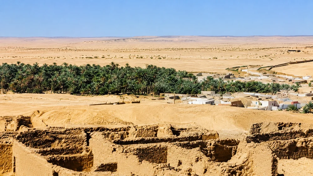 Palmeral y viviendas de un oasis entre paisajes áridos en la zona de Tozeur, Túnez